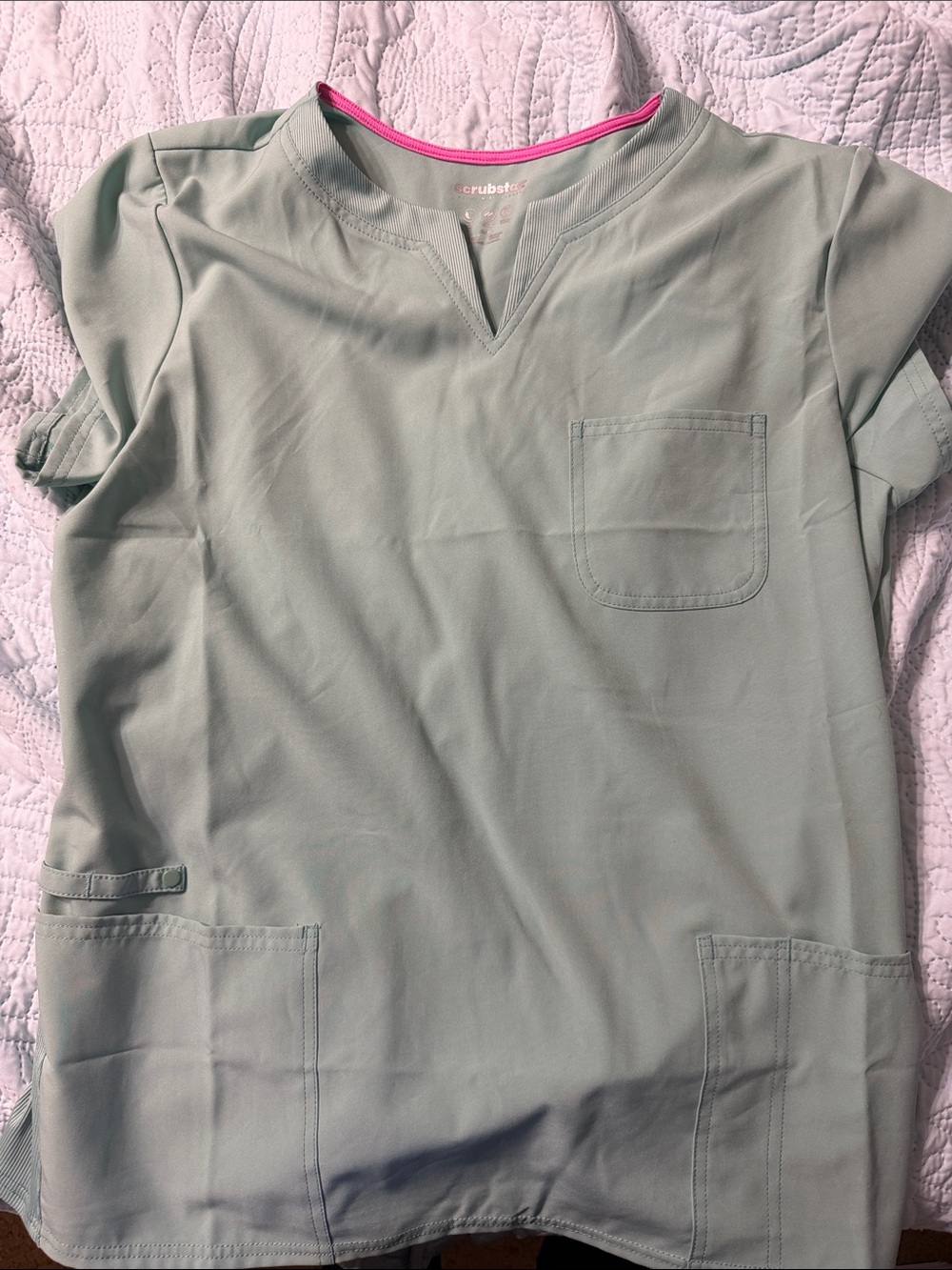 Scrubstar Mint Green Short Sleeve V-Neck Pocket Top with Pink Trim